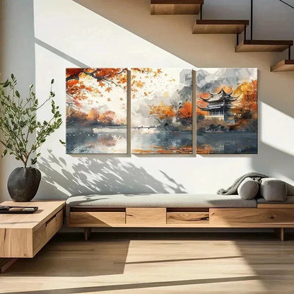 3pcs Autumn Scenery with Pagoda & Mountain River Wall Art Set Canvas Framed 60x90cm - High Quality Print 100% Australian Made Wall Canvas Ready to Hang - Bella Home Decor