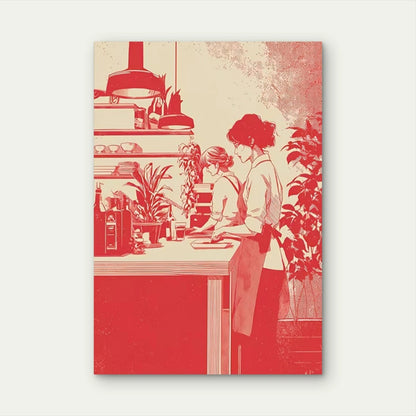Red & Beige Vintage Dining Metal Print Ready to Hang