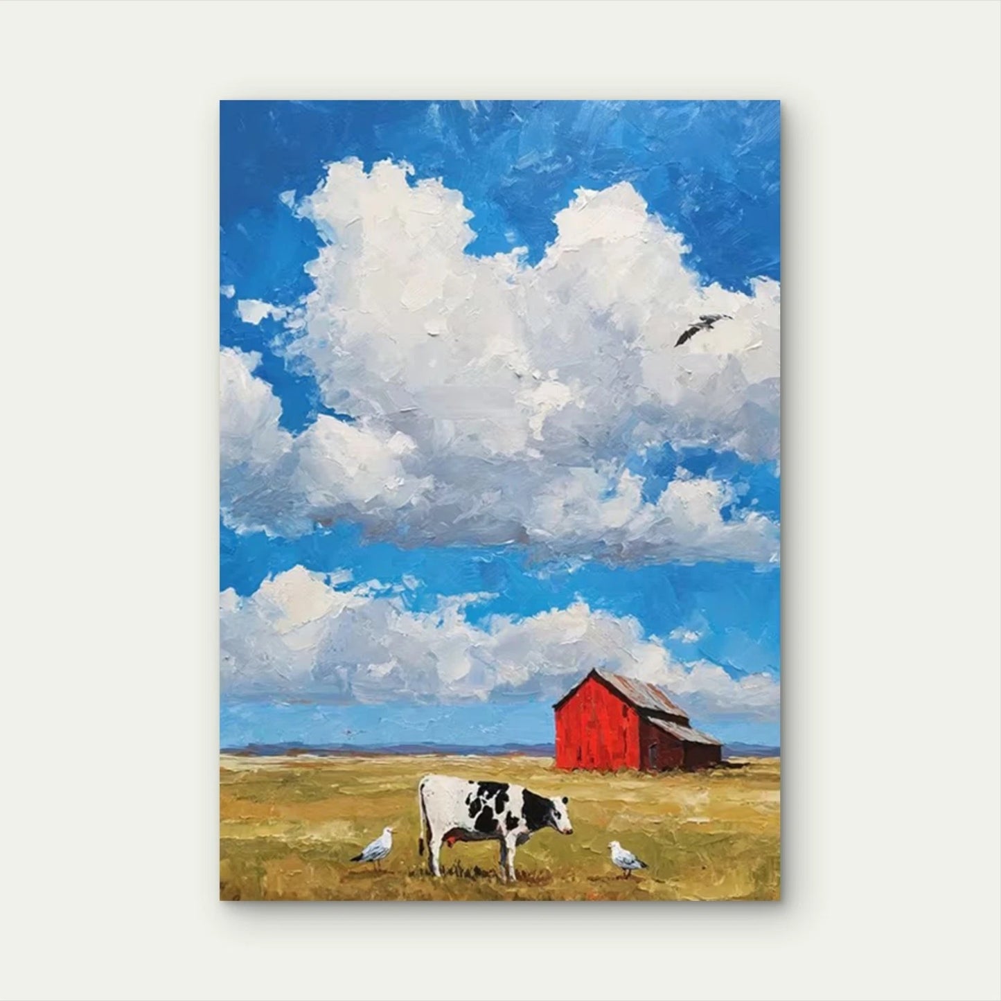 , Cloudy Blue Sky, White Birds, Red Barn   60x90cm Metal Print Ready to Hang