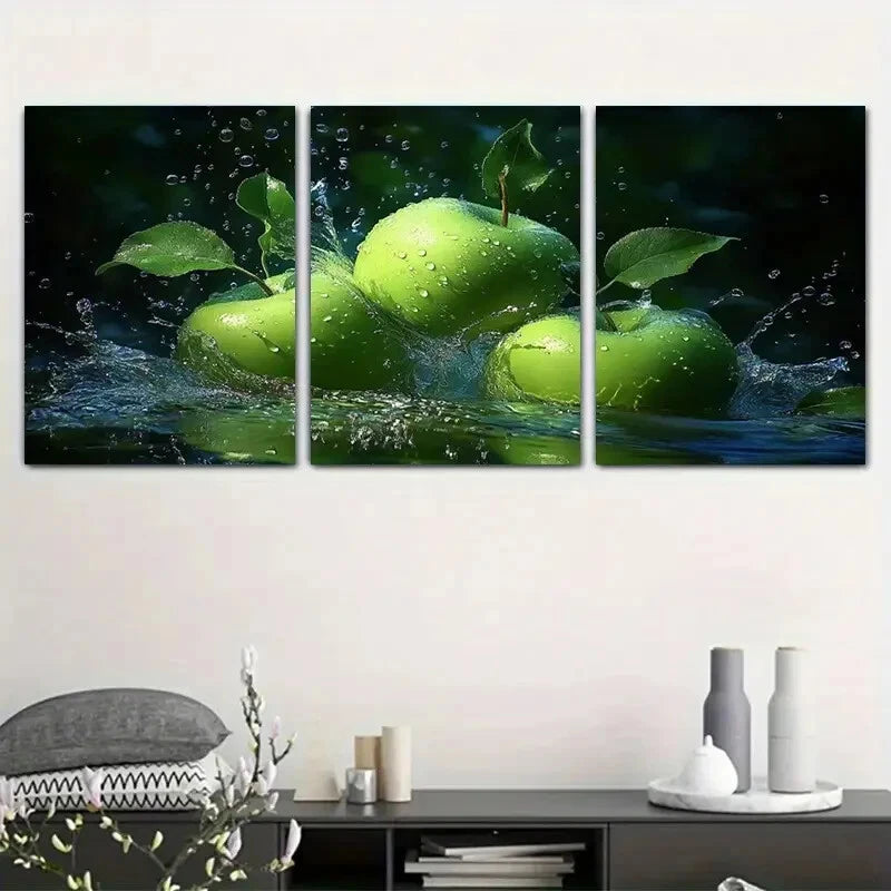 3pcs Green Apple Water Splash Green Leaf Metal Print Ready to Hang Art - Bella Home Decor