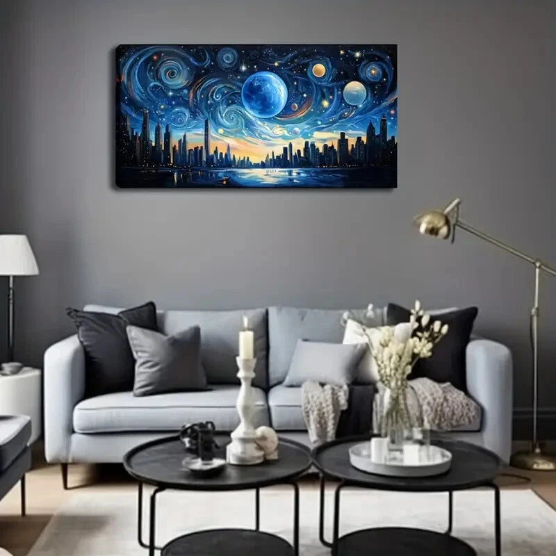 Cosmic Cityscape Swirling Sky Wall Art Canvas Office Home Room Framed 120x60cm - Bella Home Decor