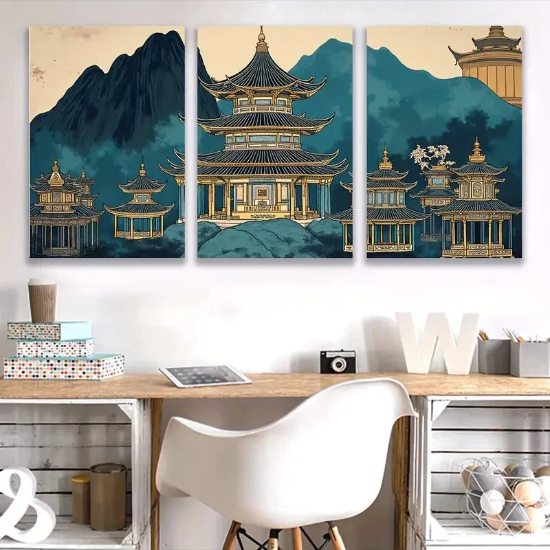 3pcs Japanese Pagoda Landscape Triptych Wall Art Set Canvas Framed 60x90cm - High Quality Print 100% Australian Made Wall Canvas Ready to Hang