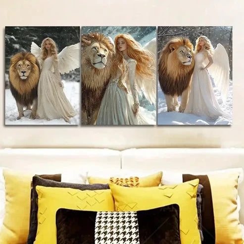 3pcs The girl and the lion in the snow Wall Art Set Canvas Unframed - High Quality Print 100% Australian Made Wall Canvas