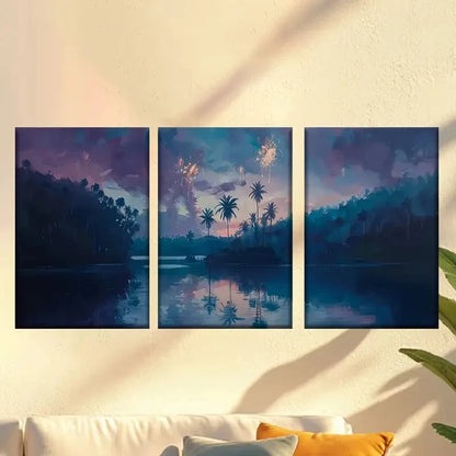 3pcs Enchanting Sunset Fireworks & Serene Lake Wall Art Set Canvas Framed 50x70cm - High Quality Print 100% Australian Made Wall Canvas Ready to Hang