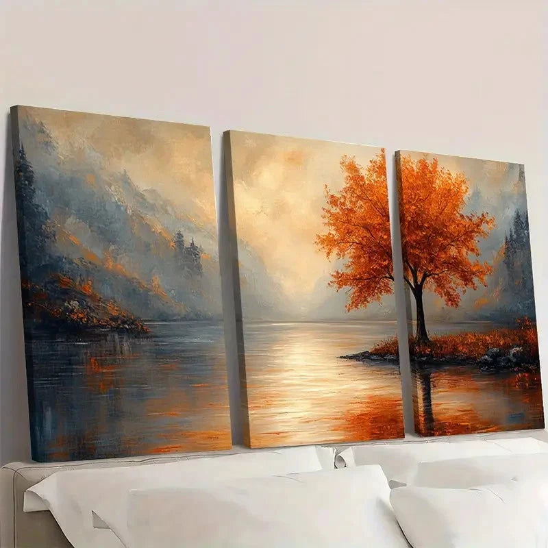 3pcs Tree River Painting Soft Beige, Orange OB Wall Art Set Canvas Framed 40x60cm - High Quality Print 100% Australian Made Wall Canvas Ready to Hang - Bella Home Decor