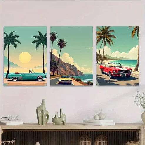 3pcs Vintage Beach Scene Tropical Sunset Cars Wall Art Set Canvas Unframed - High Quality Print 100% Australian Made Wall Canvas