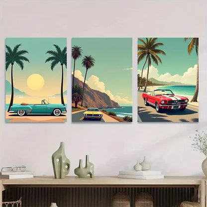 3pcs Vintage Beach Scene Tropical Sunset Cars Wall Art Set Canvas Unframed - High Quality Print 100% Australian Made Wall Canvas