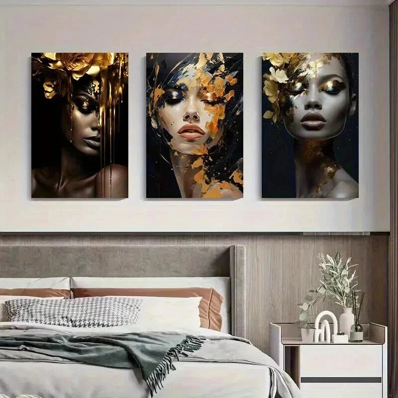 3pcs Golden Floral Portrait Women Décor Perfect Wall Art Set Canvas Framed 60x90cm - High Quality Print 100% Australian Made Wall Canvas Ready to Hang - Bella Home Decor
