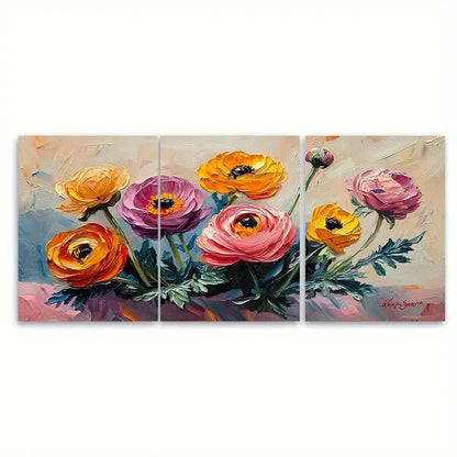 3pcs Ranunculus Oil Painting Floral ty  Wall Art Set Canvas Framed 50x70cm - High Quality Print 100% Australian Made Wall Canvas Ready to Hang