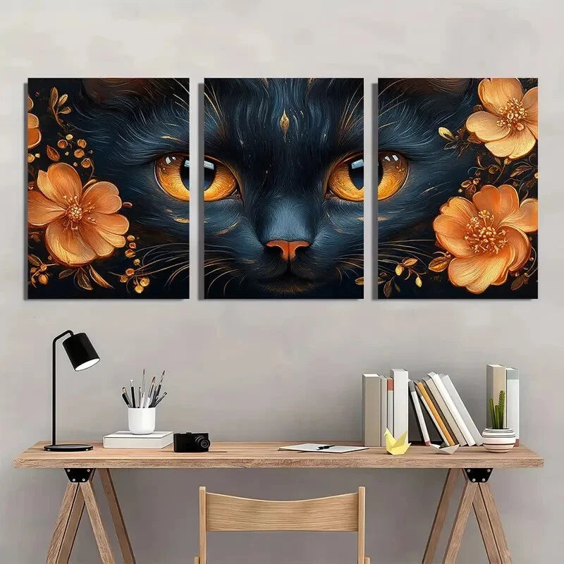 3pcs Whimsical Fat Cat Golden Ornate Metal Print Ready to Hang Art - Bella Home Decor