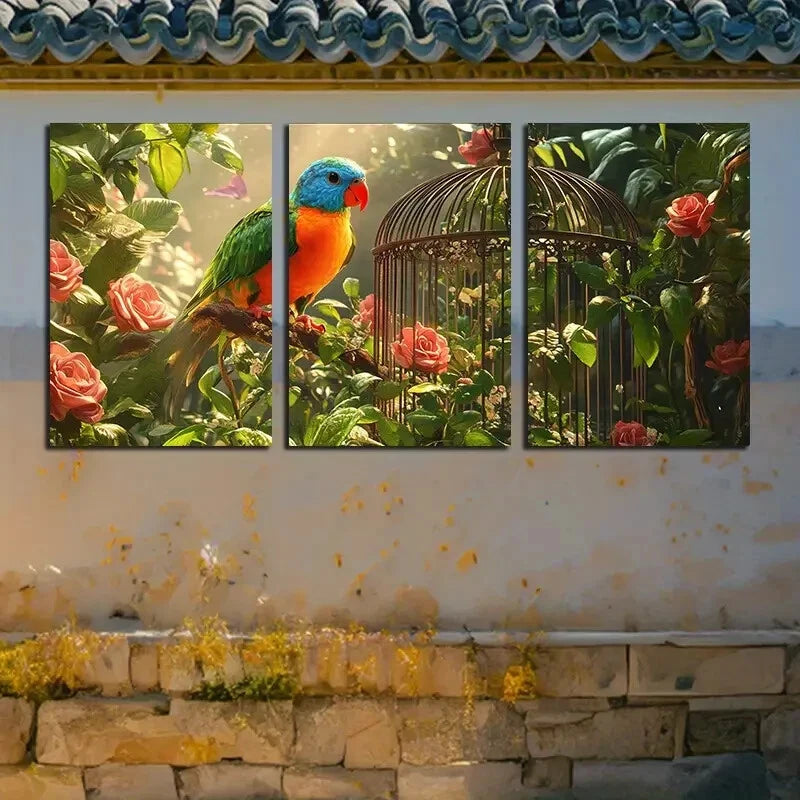 3pcs Vibrant Tropical Parrot and Cage with Floral Metal Print Ready to Hang Art - Bella Home Decor