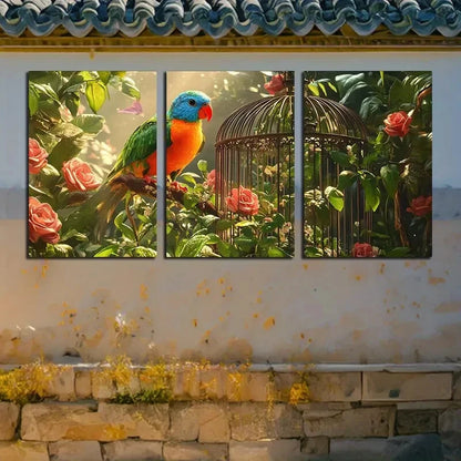 3pcs Vibrant Tropical Parrot and Cage with Floral Metal Print Ready to Hang Art - Bella Home Decor