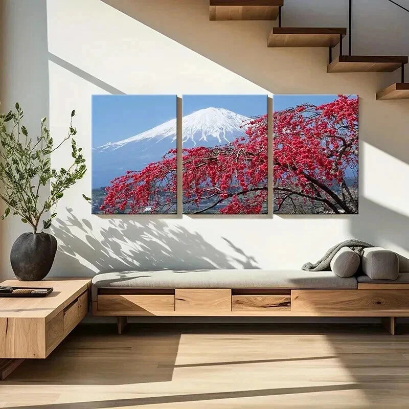 3pcs Japanese Mount Fuji with Vibrant Red Cherry Wall Art Set Canvas Framed 50x70cm - High Quality Print 100% Australian Made Wall Canvas Ready to Hang - Bella Home Decor