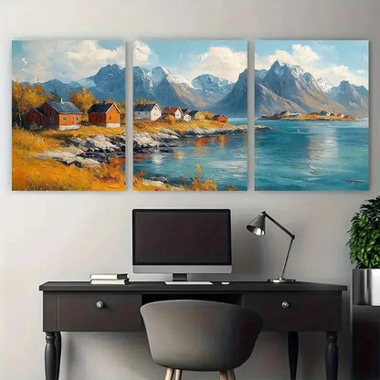 3pcs Vibrant Norway Landscape with Red Houses Metal Print Ready to Hang Art - Bella Home Decor