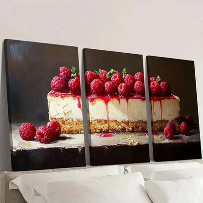 3pcs Cheesecake Prints Realistic Raspbery Wall Art Set Canvas Unframed - High Quality Print 100% Australian Made Wall Canvas