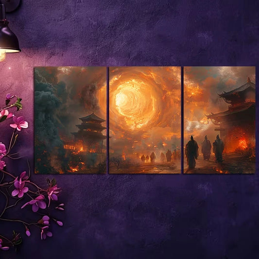 3pcs Vibrant Ancient Cityscape with Swirling Sky Wall Art Set Canvas Framed 60x90cm - High Quality Print 100% Australian Made Wall Canvas Ready to Hang