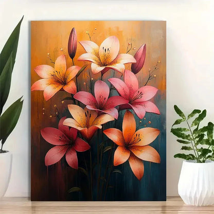 Beautiful Vibrant Lilies Bouquet with Pink Painting 40x60cm Metal Print Ready to Hang