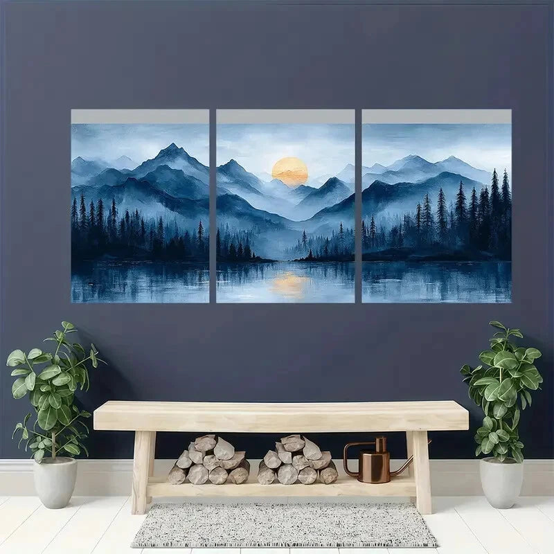 3pcs Blue Gray Abstract Landscape Modern Art Metal Print Ready to Hang Art - Bella Home Decor