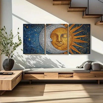 3pcs Sun Moon Celestial Art Golden Silvery Face Metal Print Ready to Hang Art - Bella Home Decor