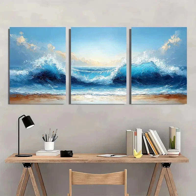 3pcs Vibrant Blue Sea Waves Abstract Beach Scene Metal Print Ready to Hang Art - Bella Home Decor