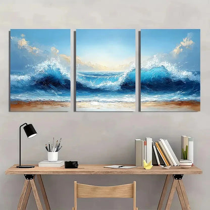 3pcs Vibrant Blue Sea Waves Abstract Beach Scene Metal Print Ready to Hang Art - Bella Home Decor