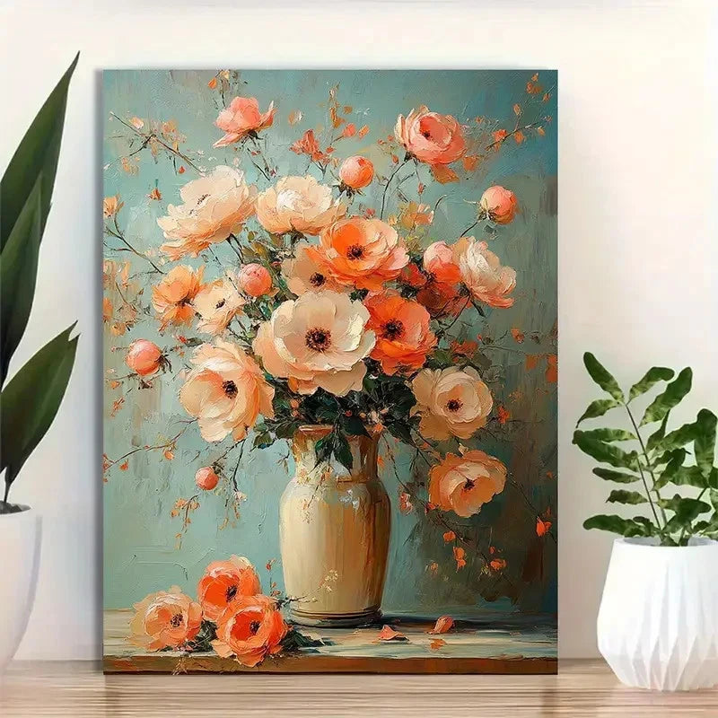 Beautiful Vibrant Peach & Orange Roses Painting 40x60cm Metal Print Ready to Hang - Bella Home Decor