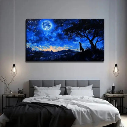 Blue & Black Night Sky Wolf Wall Art Canvas Office Home Room Framed 120x60cm