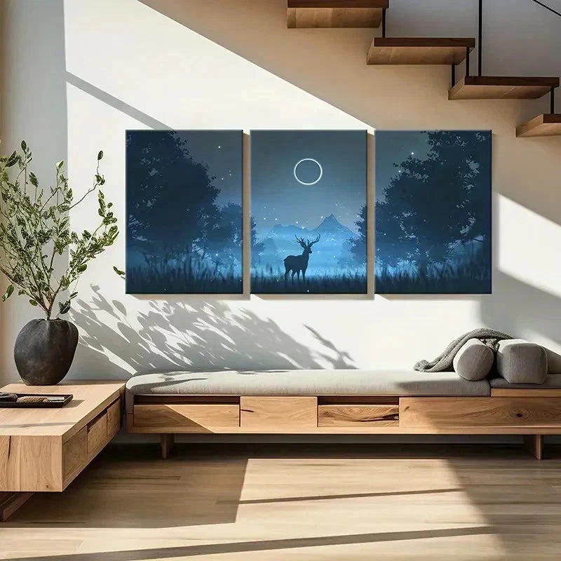 3pcs Fantasy Cartoon Night with an Elk Modern Wall Art Set Canvas Framed 50x70cm - High Quality Print 100% Australian Made Wall Canvas Ready to Hang - Bella Home Decor