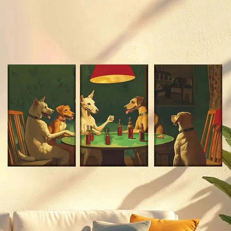 3pcs Stylish Puppy Drinking Wine & Fist Pumping Wall Art Set Canvas Framed 50x70cm - High Quality Print 100% Australian Made Wall Canvas Ready to Hang