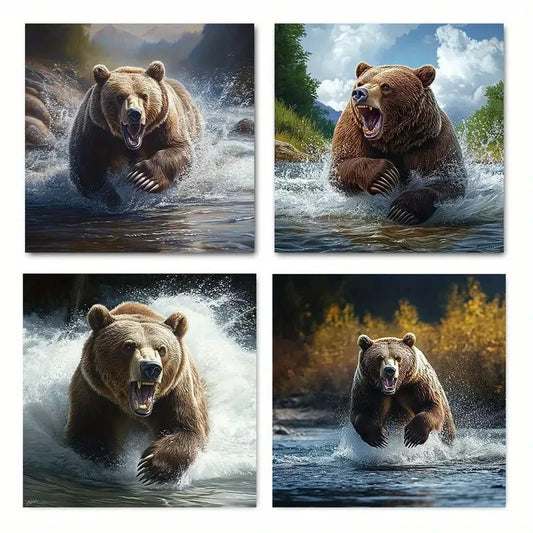 4pcsBear Realistic Charging Grizzly  Wall Art Canvas Framed