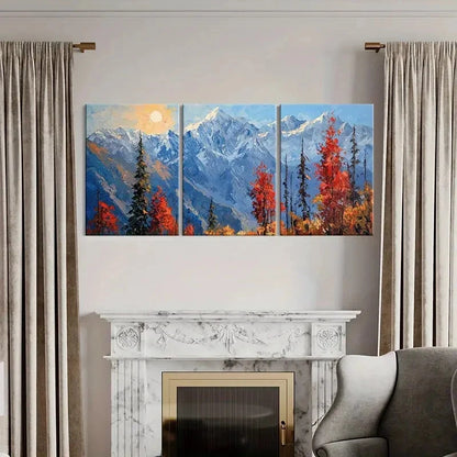 3pcs Mountain Landscape Autumn Trees Snowy Peaks Metal Print Ready to Hang Art - Bella Home Decor