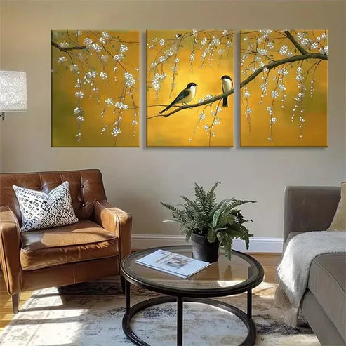3pcs Birds & White Flowers on Yellow Wall Art Canvas Unframed - High Quality Print 100% Australian Made Wall Canvas
