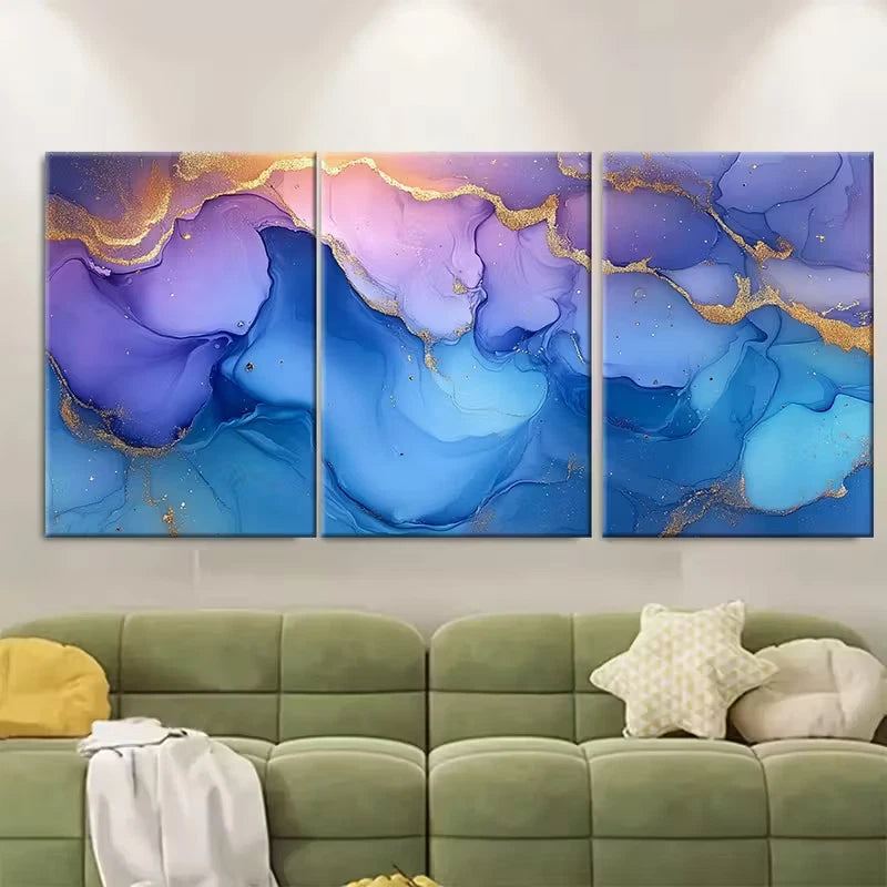 3pcs Pastel Blue Purple Golden Marbling Metal Print Ready to Hang Art