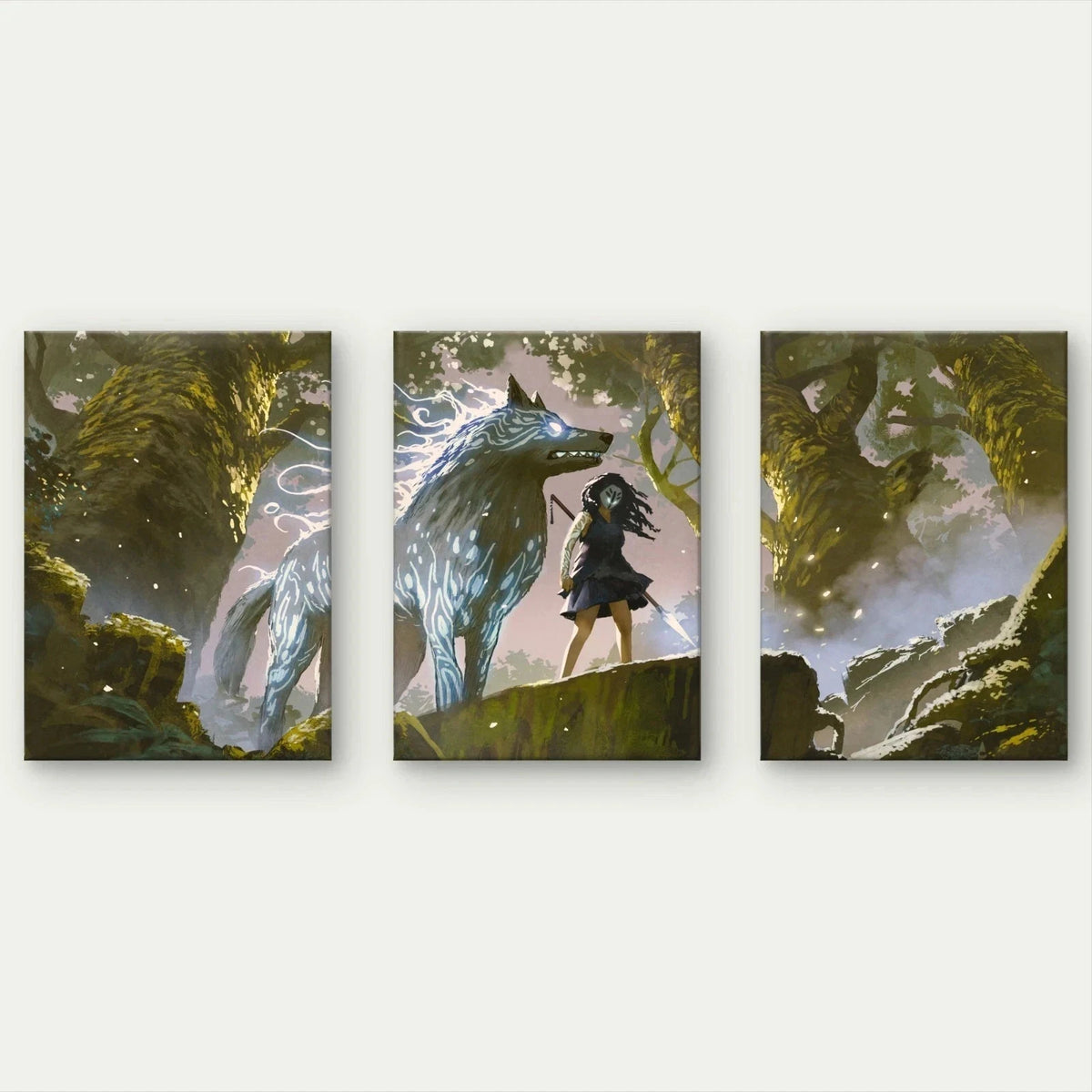 3pcs Fantasy Warrior Girl With Wolf Wall Art Set Canvas Framed 40x60cm - High Quality Print 100% Australian Made Wall Canvas Ready to Hang