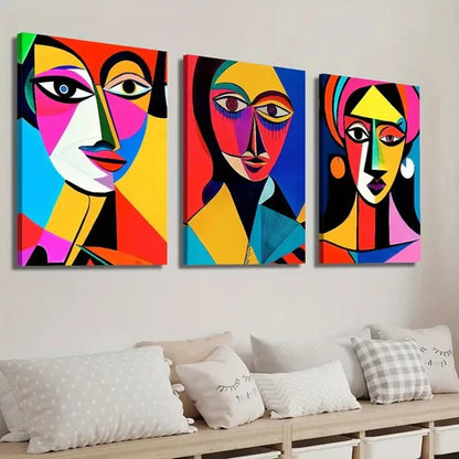 3pcs Vibrant Abstract Geometric Female Faces Wall Art Set Canvas Unframed - High Quality Print 100% Australian Made Wall Canvas