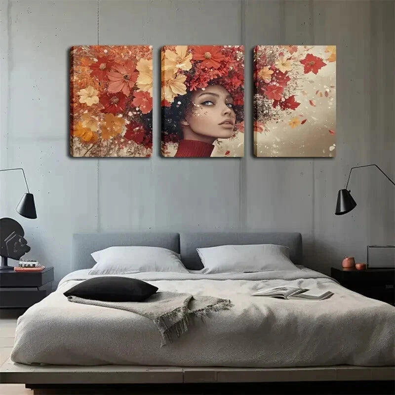 3pcs Vibrant Autumn Floral Woman Décor Perfect Wall Art Set Canvas Framed 60x90cm - High Quality Print 100% Australian Made Wall Canvas Ready to Hang - Bella Home Decor