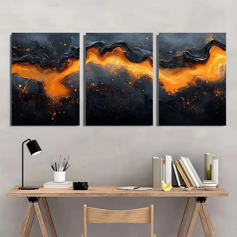 3pcs Featuring a Black And Orange Abstract Metal Print Ready to Hang Art