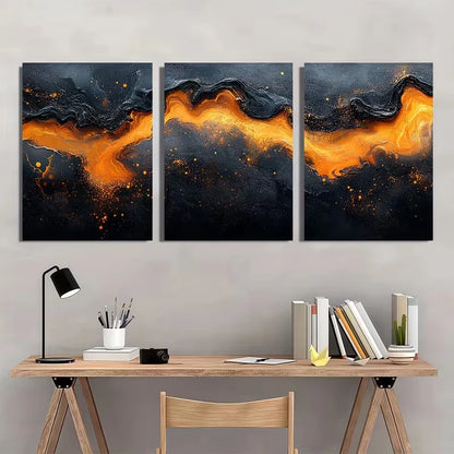 3pcs Featuring a Black And Orange Abstract Metal Print Ready to Hang Art