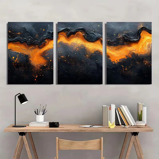 3pcs Featuring a Black And Orange Abstract Metal Print Ready to Hang Art