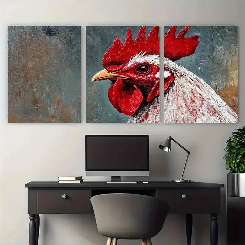 3pcs Rooster Painting Farm Animal Design Wall Art Set Canvas Framed 60x90cm - High Quality Print 100% Australian Made Wall Canvas Ready to Hang - Bella Home Decor
