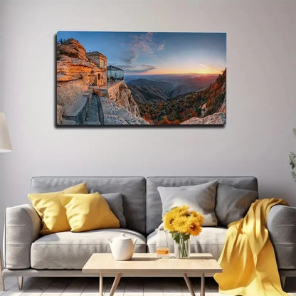 Scenic Cliffside Hotel Wall Art Canvas Office Home Room Framed 120x60cm