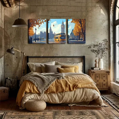 3pcs Autumn Romance, London Street Wall Art Canvas Unframed - High Quality Print 100% Australian Made Wall Canvas - Bella Home Decor