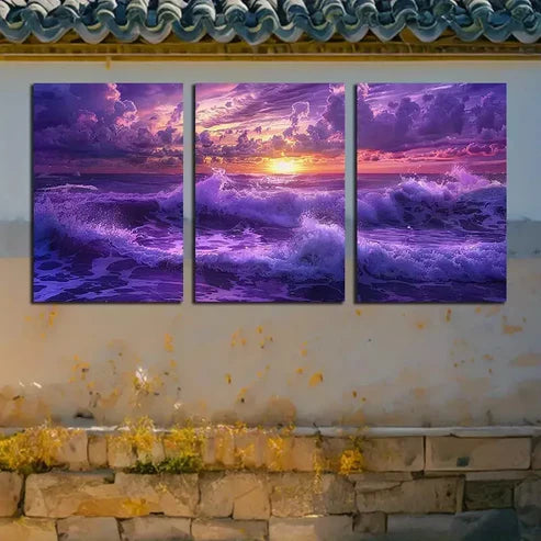 3pcs Purple Ocean Under The Setting Sun Wall Art Canvas Unframed - High Quality Print 100% Australian Made Wall Canvas
