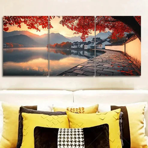 3pcs Jiangnan, Ancient Town With Trees Wall Art Canvas Unframed - High Quality Print 100% Australian Made Wall Canvas