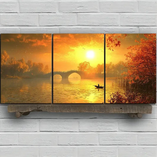 3pcs The Boatman Under The Stone Arch Sunset Metal Print Ready to Hang Art