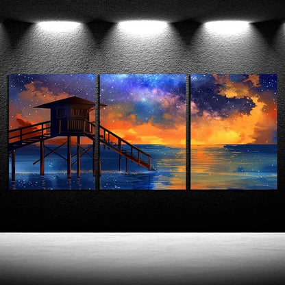 3pcs Beach with Wooden house illustration Metal Print Ready to Hang Art - Bella Home Decor