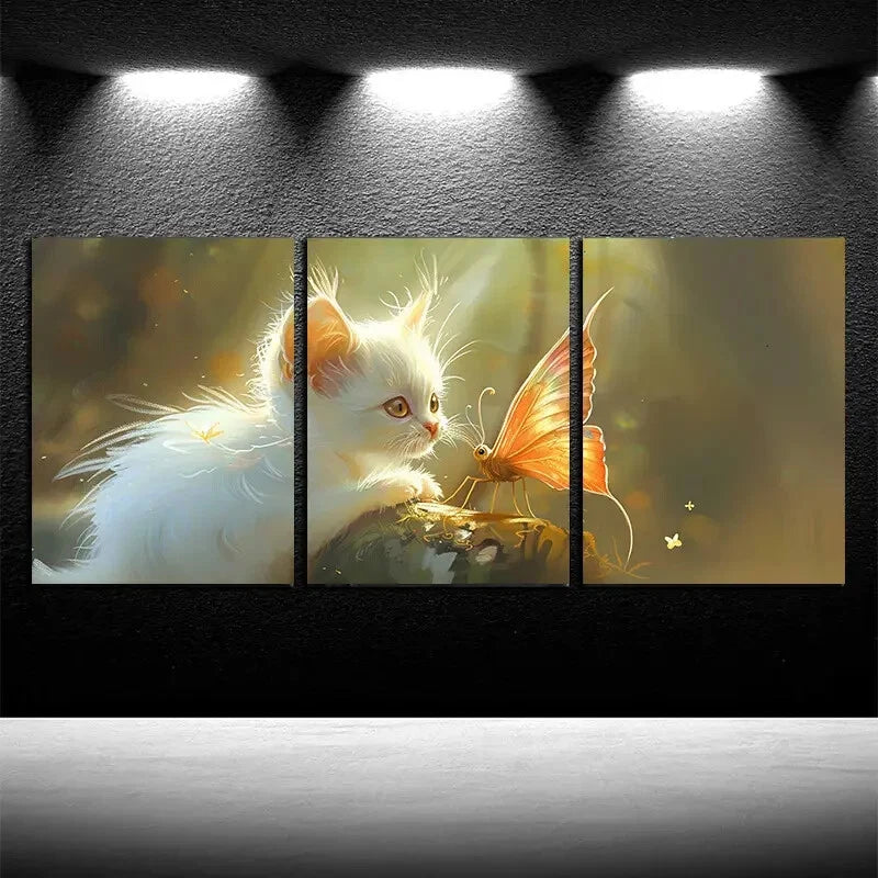 3pcs Vibrant Charming White Cat & Bumblebee Metal Print Ready to Hang Art