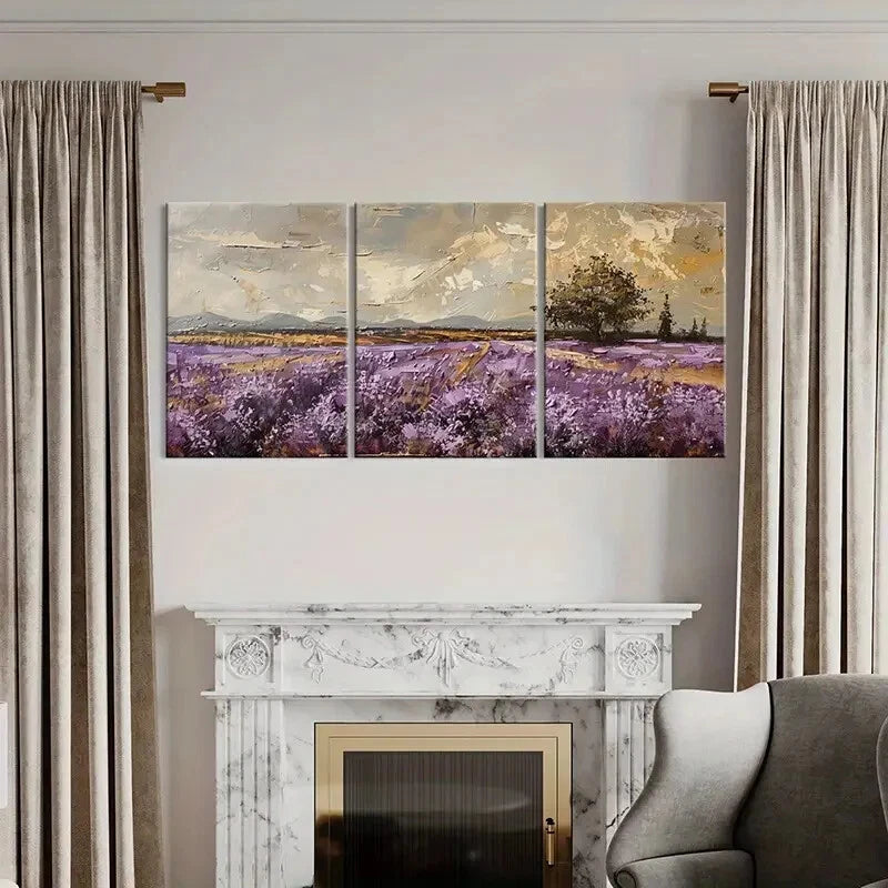 3pcs Abstract Landscape Painting Purple Fields Metal Print Ready to Hang Art - Bella Home Decor