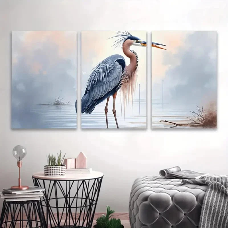 3pcs Blue Heron Watercolor Posters Wall Art Set Canvas Framed 40x60cm - High Quality Print 100% Australian Made Wall Canvas Ready to Hang - Bella Home Decor