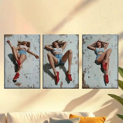 3pcs Vintage Wall Posters of Woman in Denim Wall Art Set Canvas Framed 40x60cm - High Quality Print 100% Australian Made Wall Canvas Ready to Hang